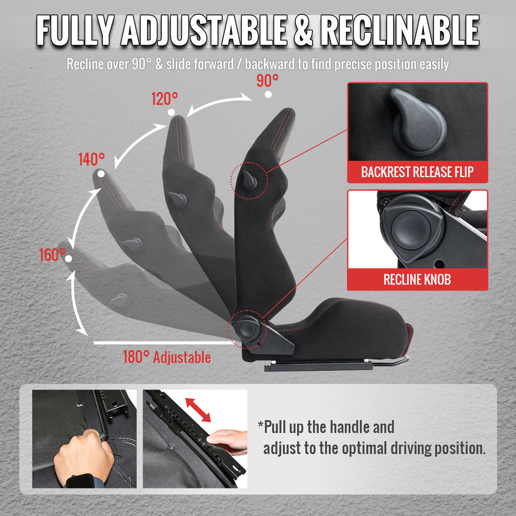 Universal Fully Reclinable Black Suede Red Mesh High Bolster Bucket Racing Seat w/ Sliders - Single Seat
