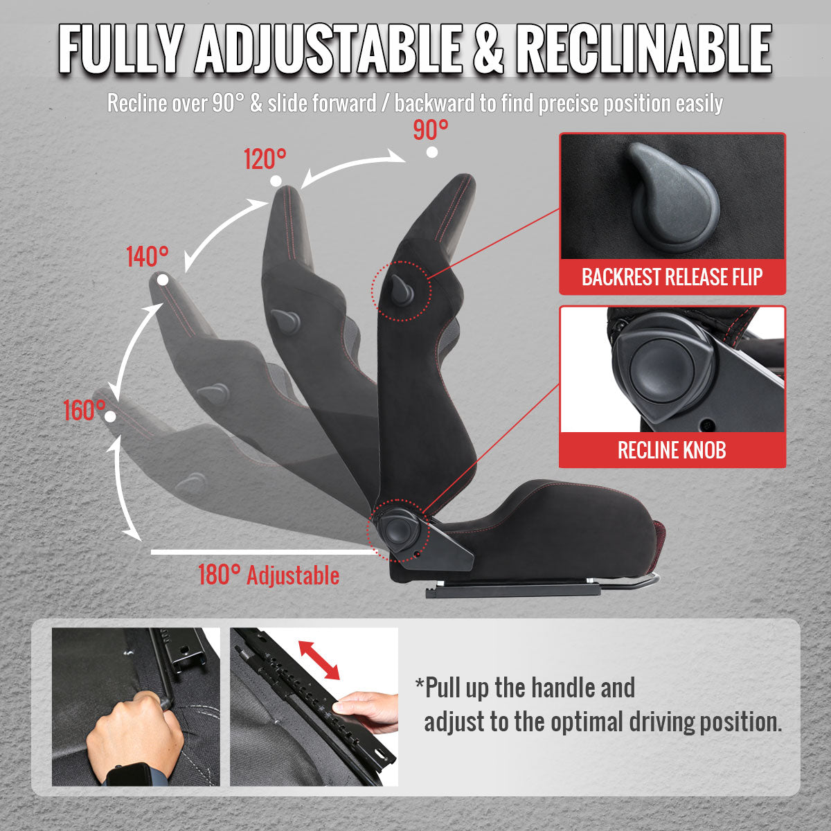 Universal Fully Reclinable Black Suede Red Mesh High Bolster Bucket Racing Seat w/ Sliders - Single Seat