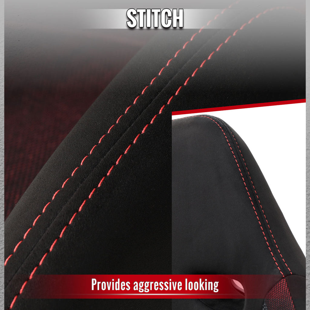Universal Fully Reclinable Black Suede Red Mesh High Bolster Bucket Racing Seat w/ Sliders - Single Seat