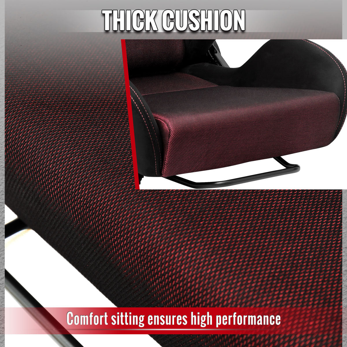 Universal Fully Reclinable Black Suede Red Mesh High Bolster Bucket Racing Seat w/ Sliders - Single Seat
