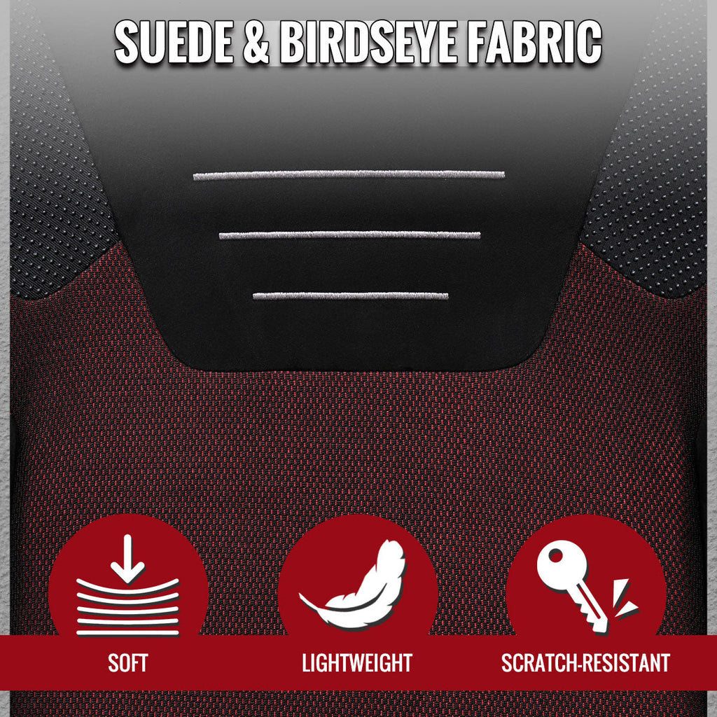 Universal Fully Reclinable Black Suede Red Mesh High Bolster Bucket Racing Seat w/ Sliders - Single Seat