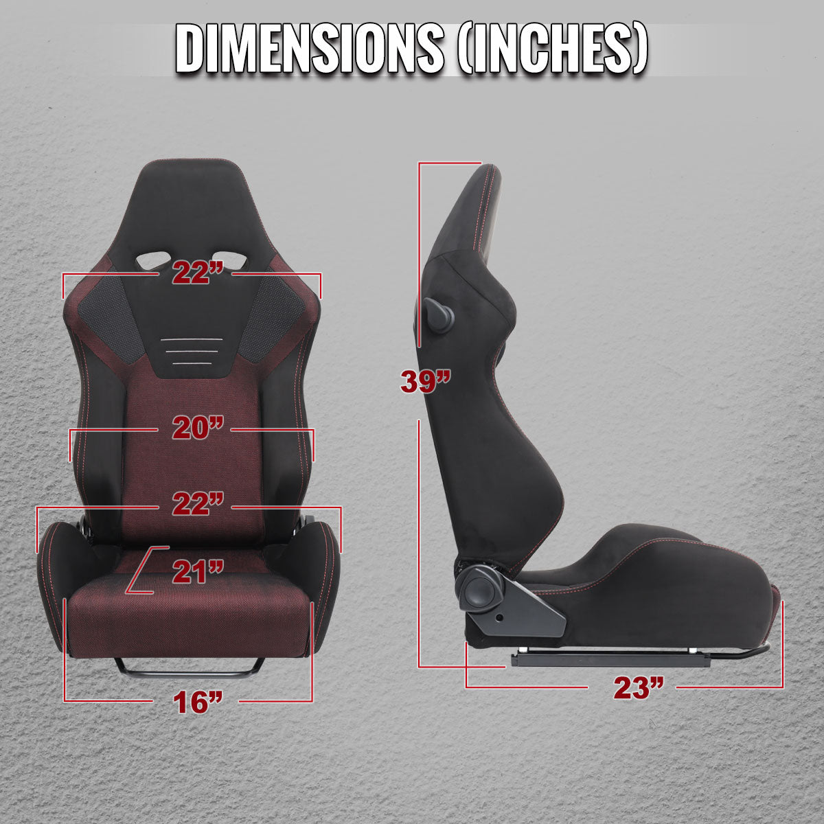 Universal Fully Reclinable Black Suede Red Mesh High Bolster Bucket Racing Seat w/ Sliders - Single Seat