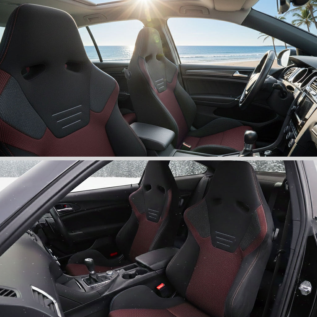 Universal Fully Reclinable Black Suede Red Mesh High Bolster Bucket Racing Seat w/ Sliders - Single Seat