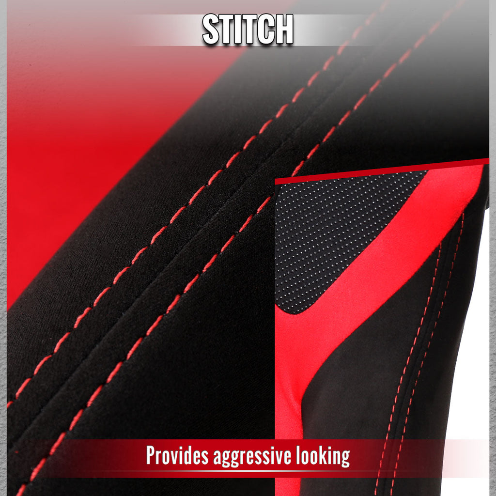 Universal Fully Reclinable Black Red Suede High Bolster Bucket Racing Seat w/ Sliders - Single Seat