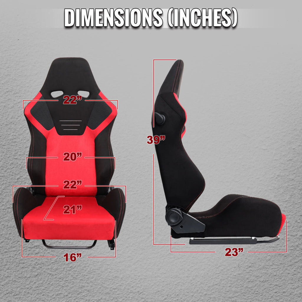 Universal Fully Reclinable Black Red Suede High Bolster Bucket Racing Seat w/ Sliders - Single Seat