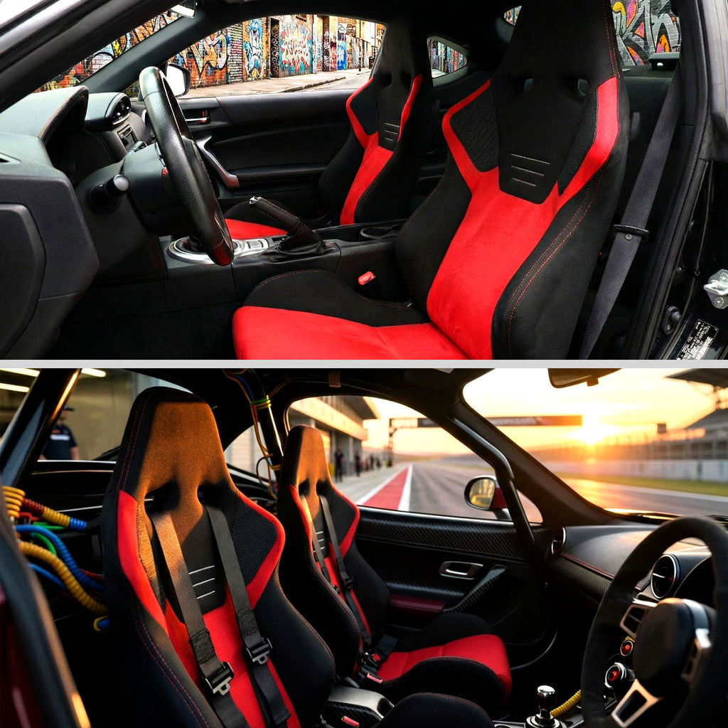 Universal Fully Reclinable Black Red Suede High Bolster Bucket Racing Seat w/ Sliders - Single Seat
