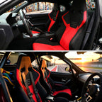 Universal Fully Reclinable Black Red Suede High Bolster Bucket Racing Seat w/ Sliders - Single Seat