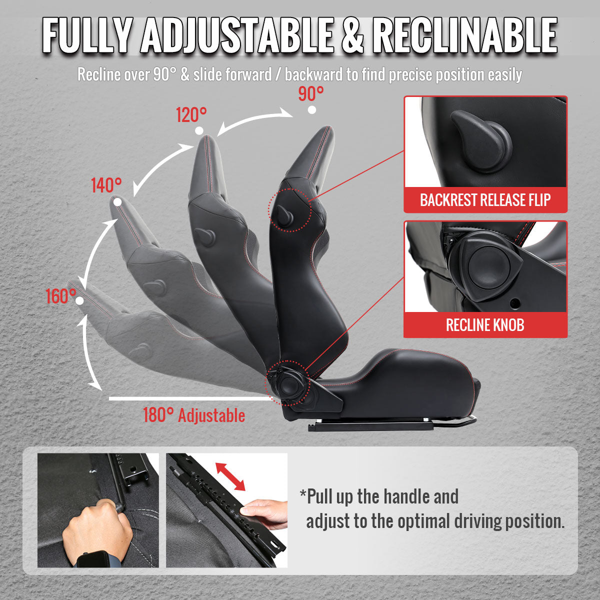 Universal Fully Reclinable Black PU Leather Bucket Racing Seat w/ Sliders - Single Seat