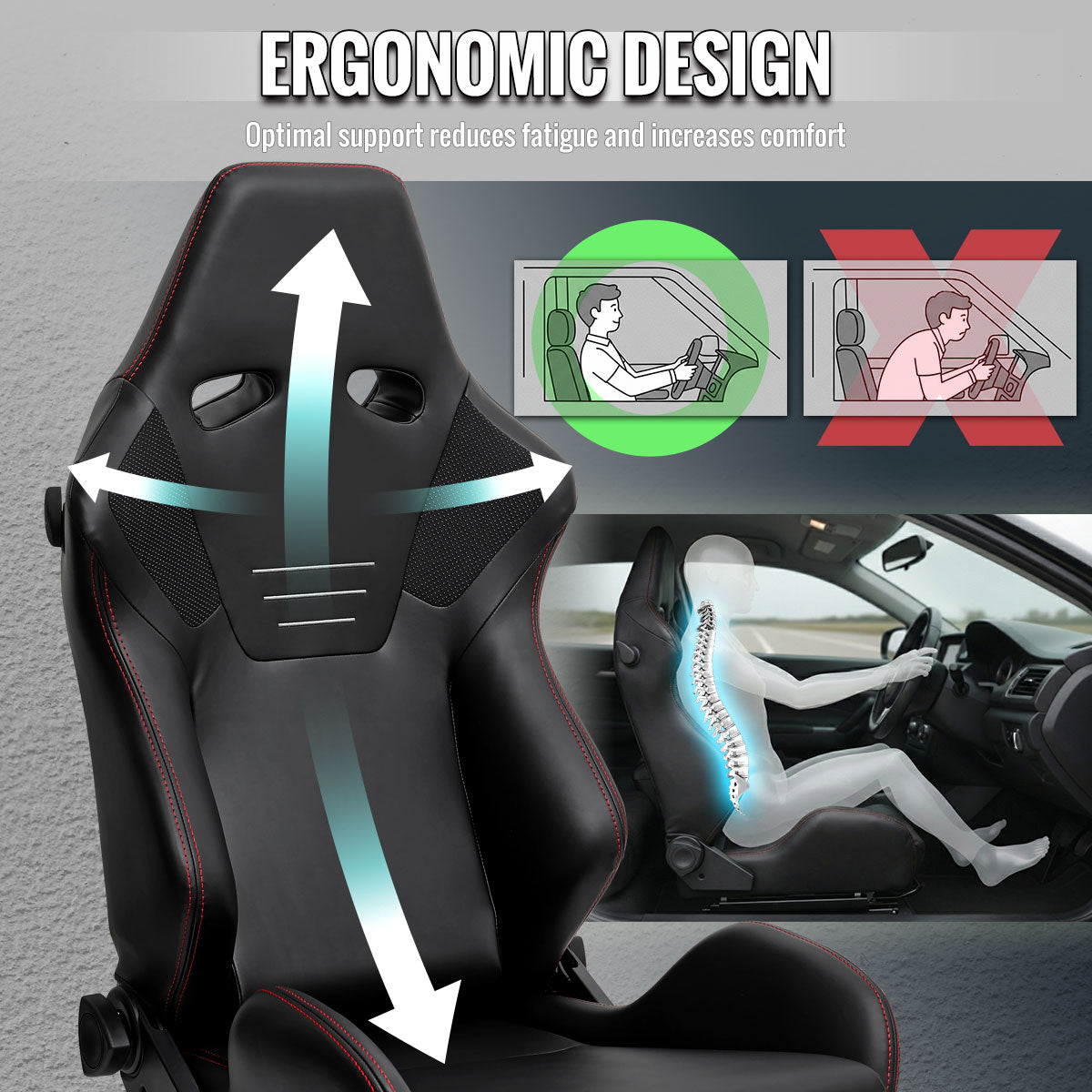 Universal Fully Reclinable Black PU Leather Bucket Racing Seat w/ Sliders - Single Seat