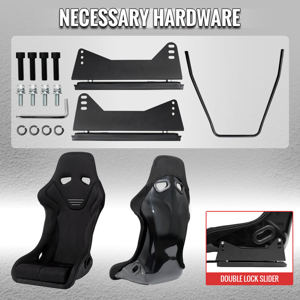 Universal Fixed-Back Black Suede Red Stitch Bucket Racing Seat w/ Sliders - Single Seat