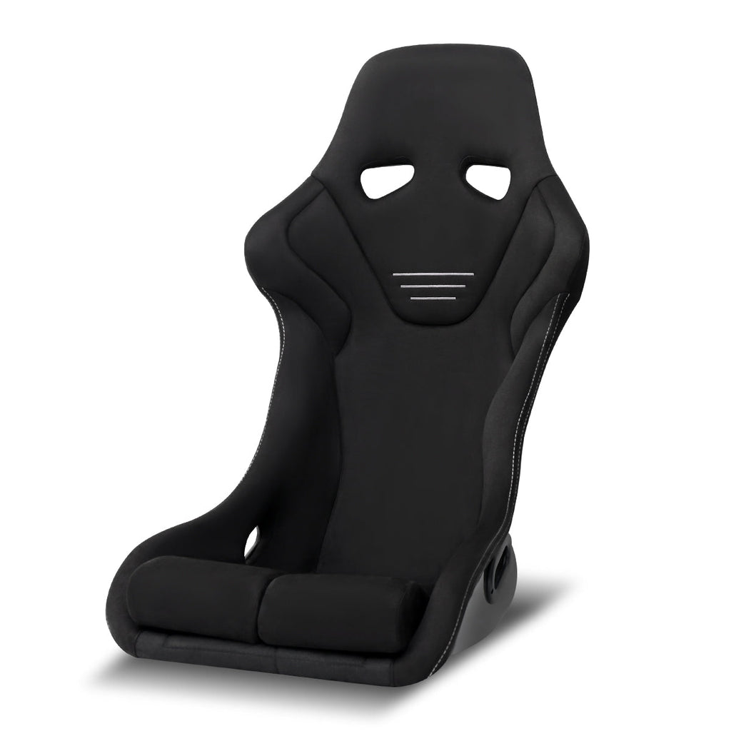 Universal Fixed-Back Black Suede Red Stitch Bucket Racing Seat w/ Sliders - Single Seat