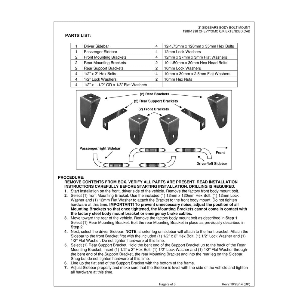 1988-1998 Chevrolet GMC C/K Pickup 2DR Extended Cab 3" Chrome Stainless Steel Side Step Nerf Bars