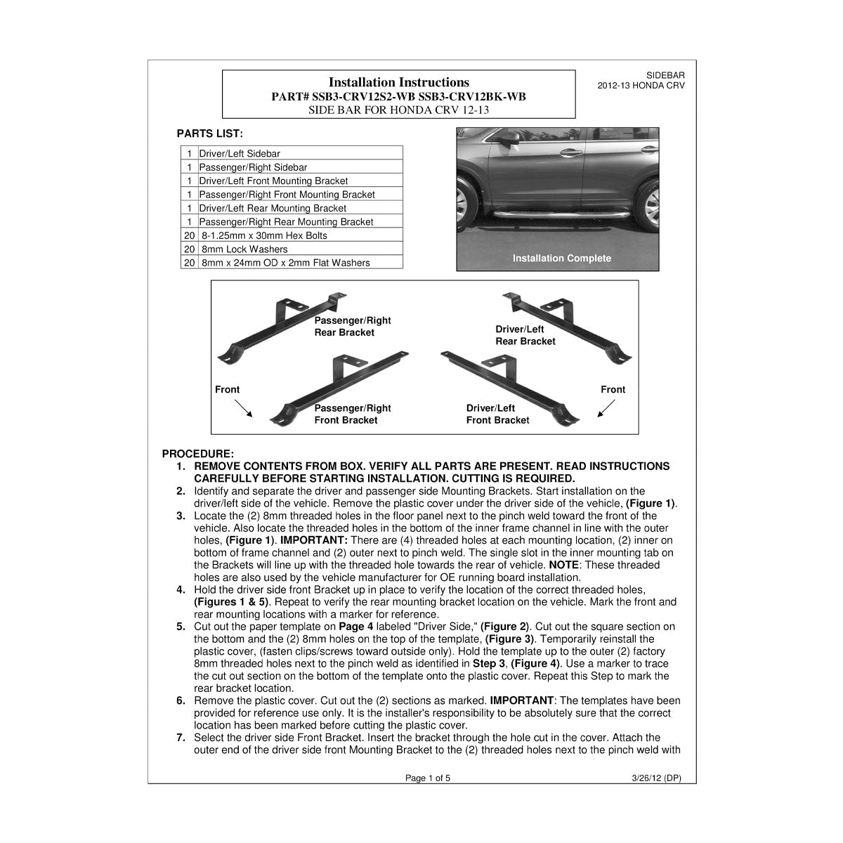 2012-2014 Honda CR-V 3" Black Stainless Steel Side Step Nerf Bars