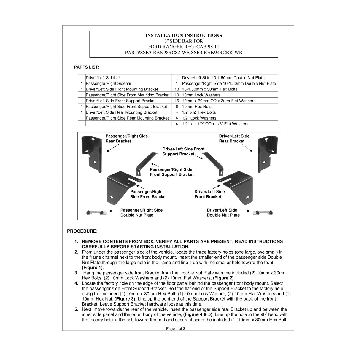 1998-2011 Ford Ranger 2DR Regular Cab 3" Black Stainless Steel Side Step Nerf Bars