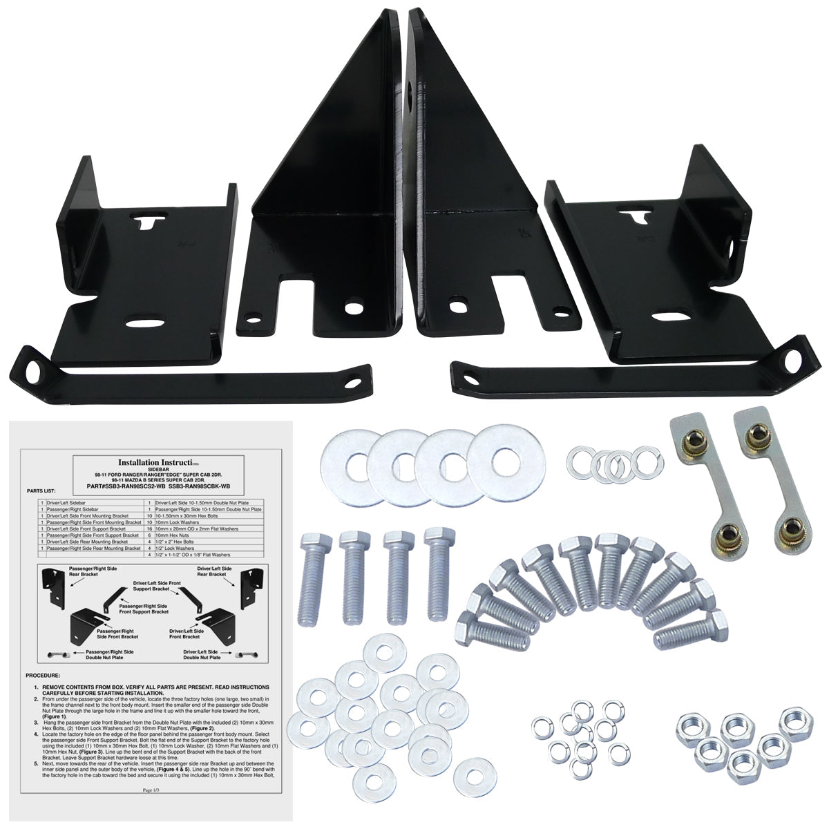 1998-2011 Ford Ranger Super Cab 3" Black Stainless Steel Side Step Nerf Bars