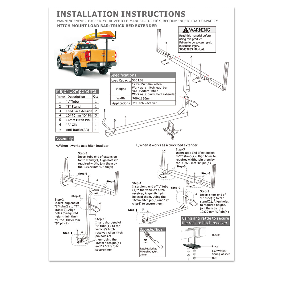 Universal Pickup Steel Truck Bed Extension Rack