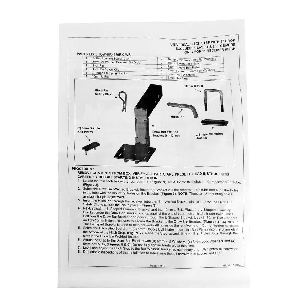 Universal Black Aluminum Hitch Mounted 6" Drop Anti-Slip Step & Protector For 2" Hitch Receiver