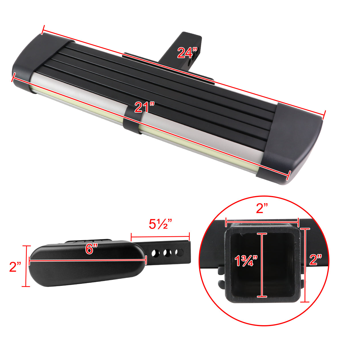 Universal Silver Finished Steel Adjustable Rear Step Bar w/ LED Brake Light For 2" Hitch Receiver