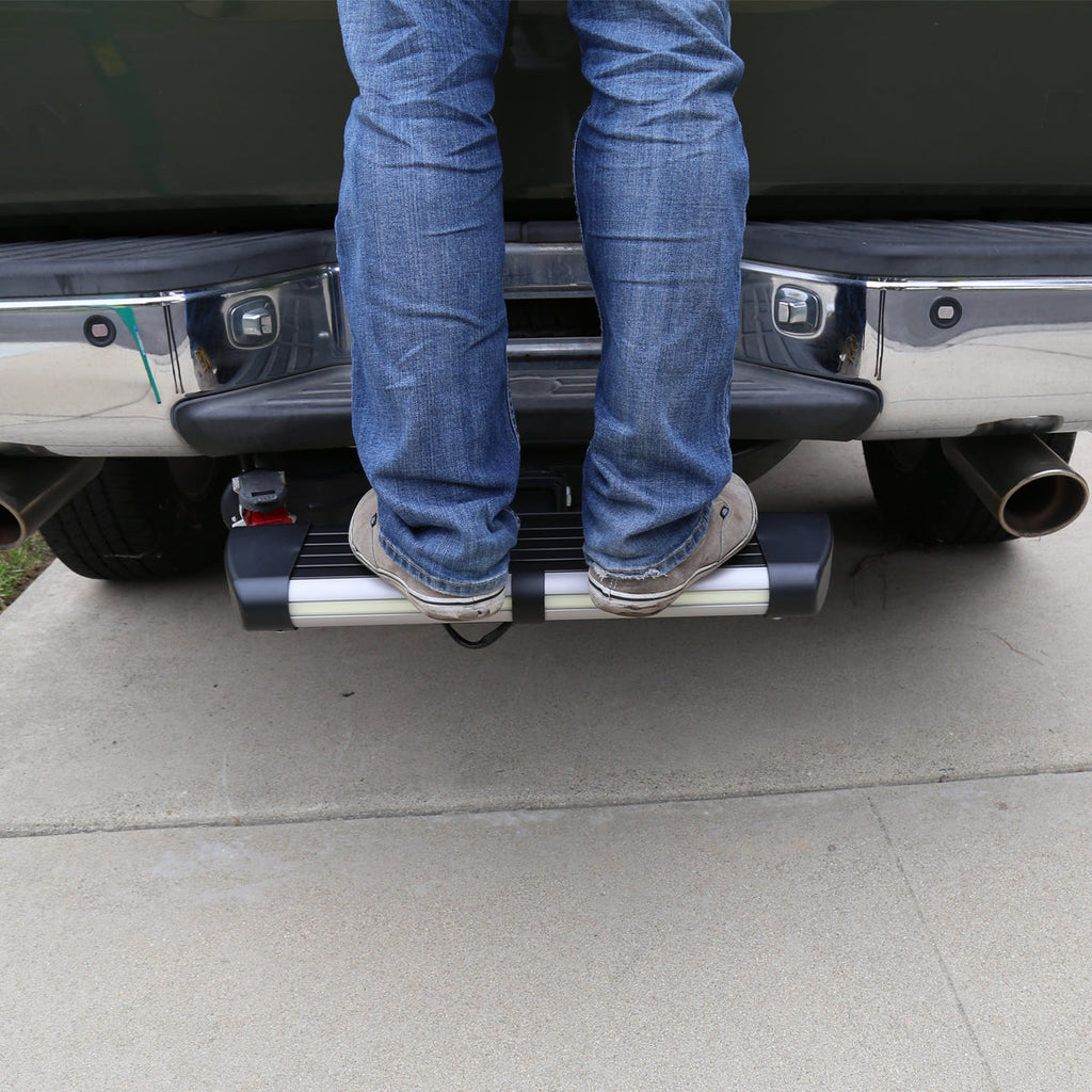 Universal Silver Finished Steel Adjustable Rear Step Bar w/ LED Brake Light For 2" Hitch Receiver
