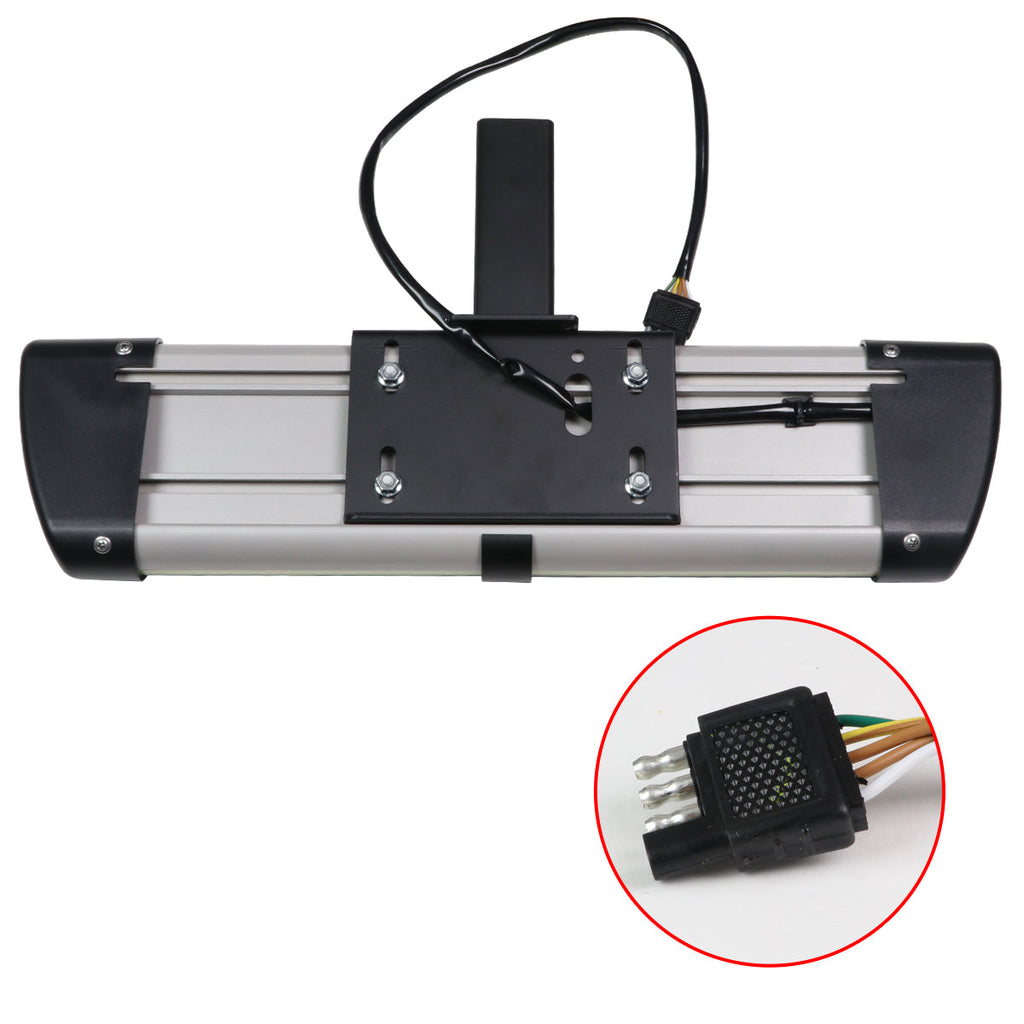 Universal Silver Finished Steel Adjustable Rear Step Bar w/ LED Brake Light For 2" Hitch Receiver