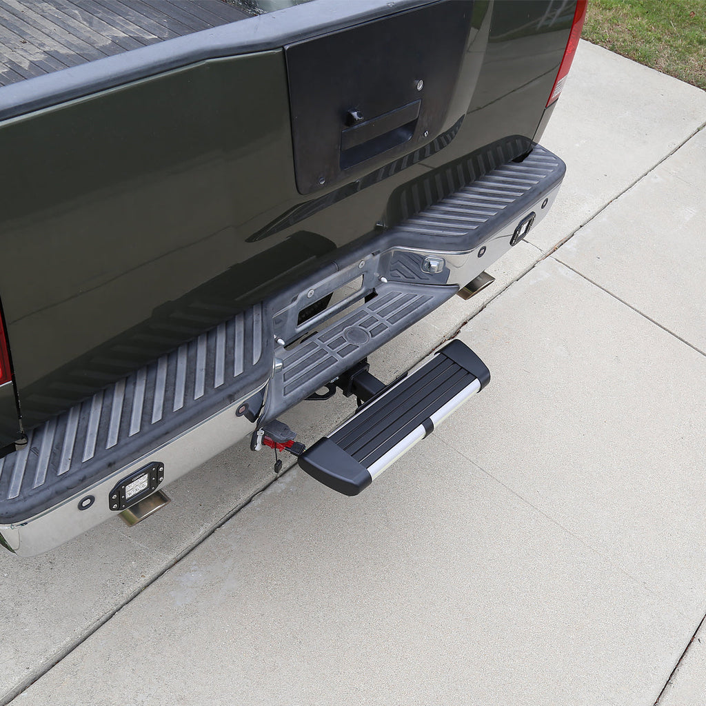 Universal Silver Finished Steel Adjustable Rear Step Bar w/ LED Brake Light For 2" Hitch Receiver